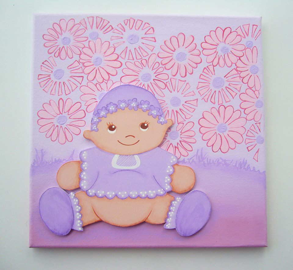 Cuadro infantil 3D niña con flores lila