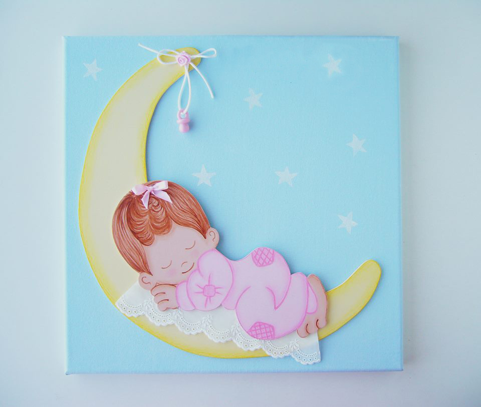 Cuadro infantil 3D bebe luna y chupete