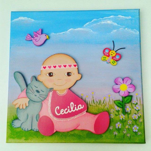 Cuadro infantil 3D niña gatito 
