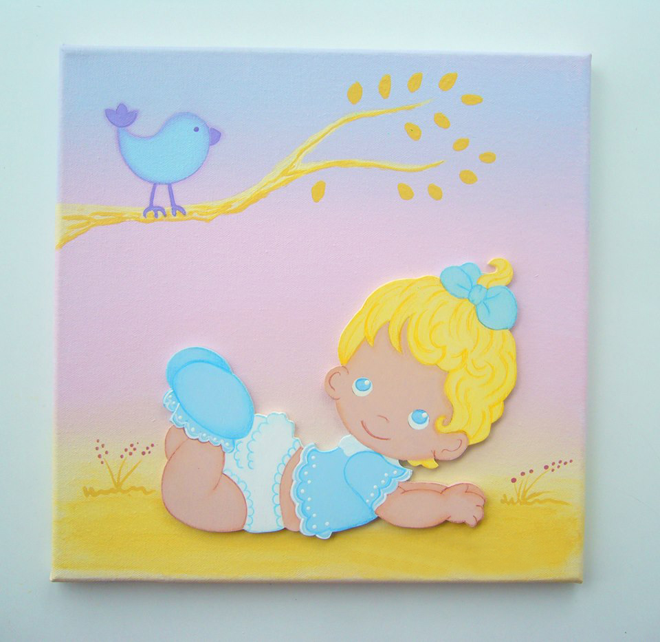 Cuadro infantil 3D niña pajarito