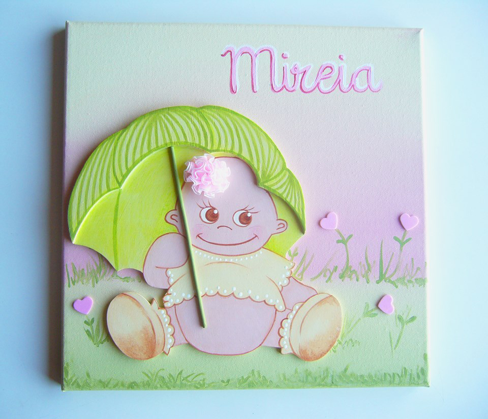 Cuadro infantil 3D bebe sombrilla verde